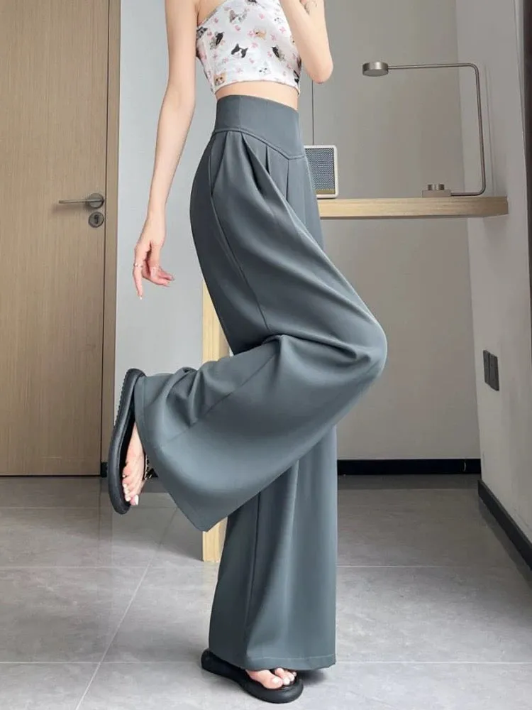 Gray suit pants for women in summer thin design fishbone super high waist wide leg pants casual straight drape floor mopping pan