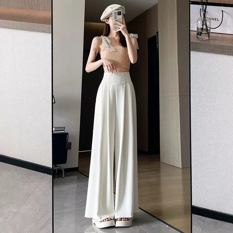 Gray suit pants for women in summer thin design fishbone super high waist wide leg pants casual straight drape floor mopping pan