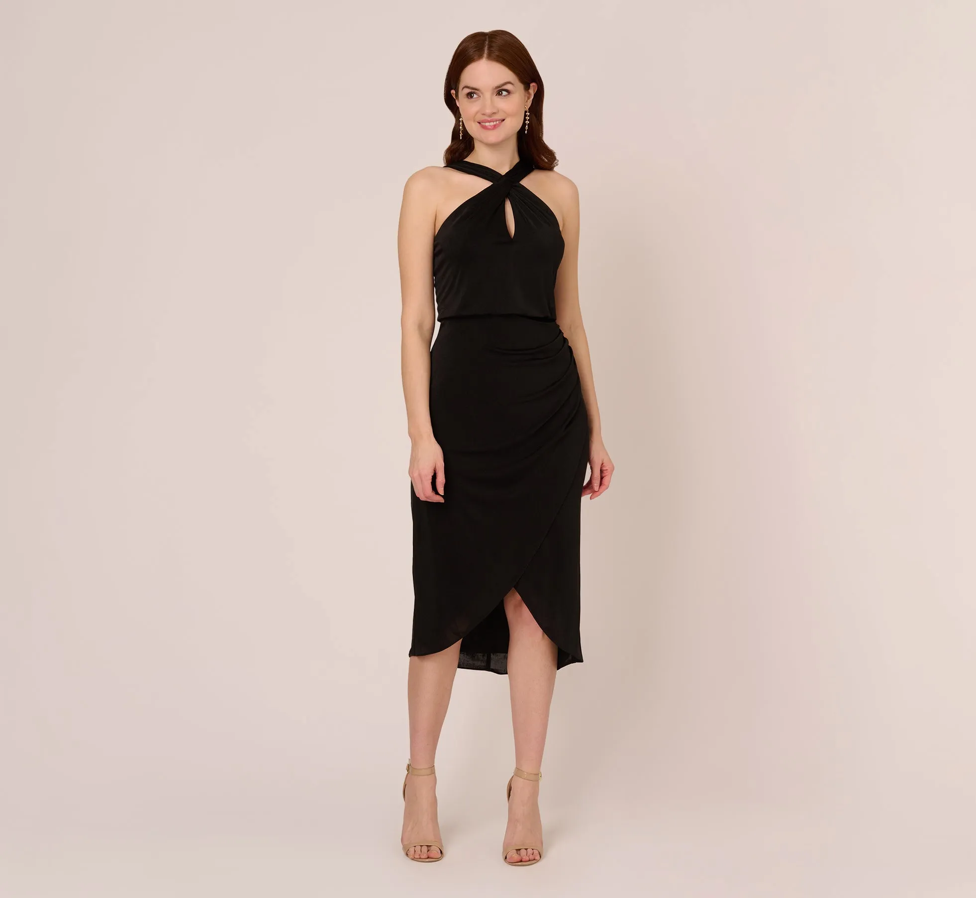 Halter Cocktail Dress With Faux Wrap Skirt In Black