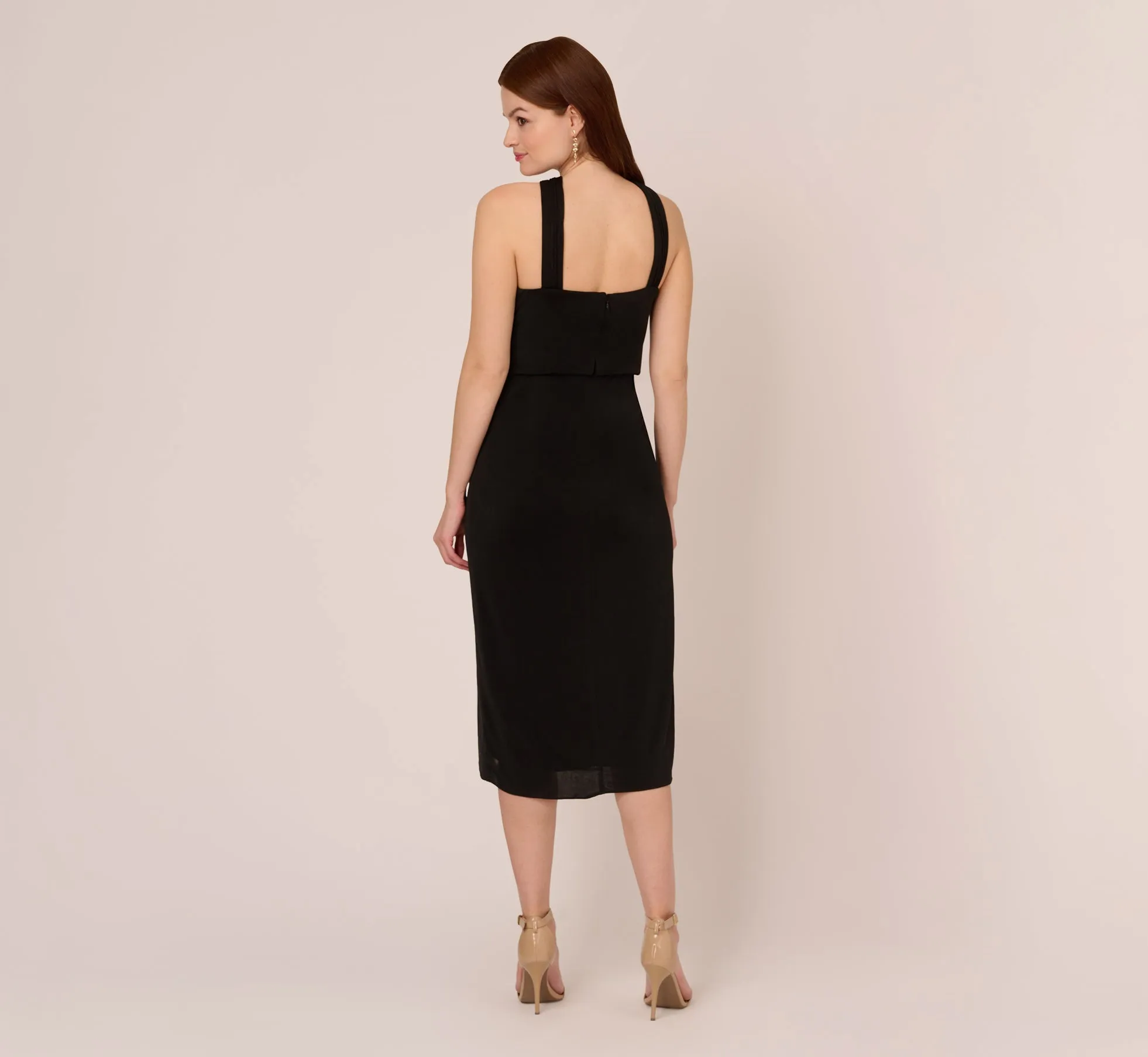 Halter Cocktail Dress With Faux Wrap Skirt In Black