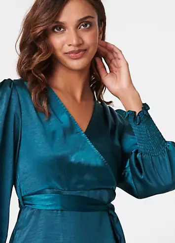 Izabel London Satin Frill Detail Wrap Dress | Grattan