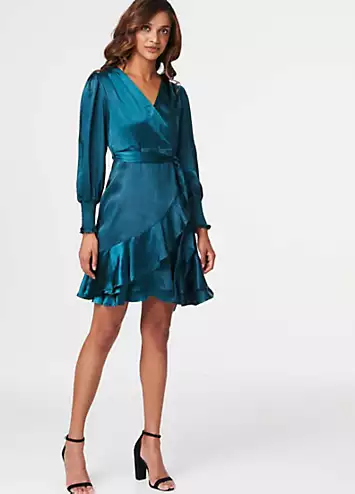 Izabel London Satin Frill Detail Wrap Dress | Grattan