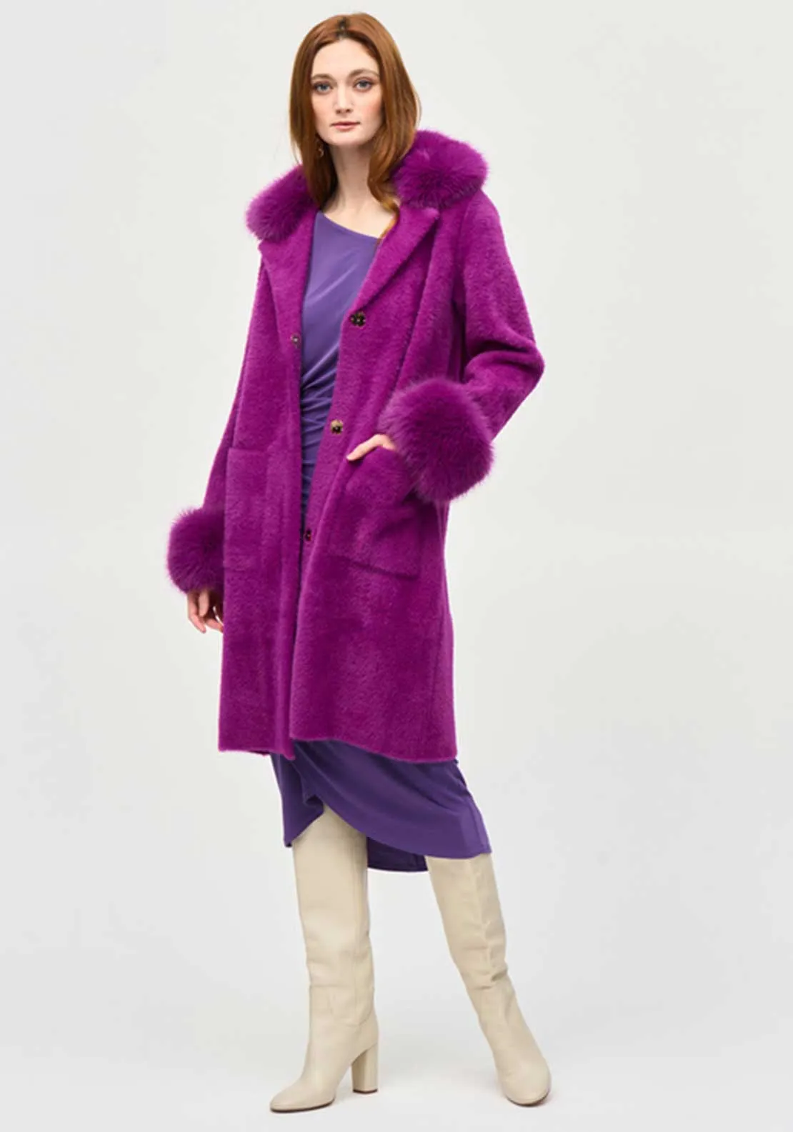 Joseph Ribkoff Faux Fur Fluffy Knit Jacket, Purple