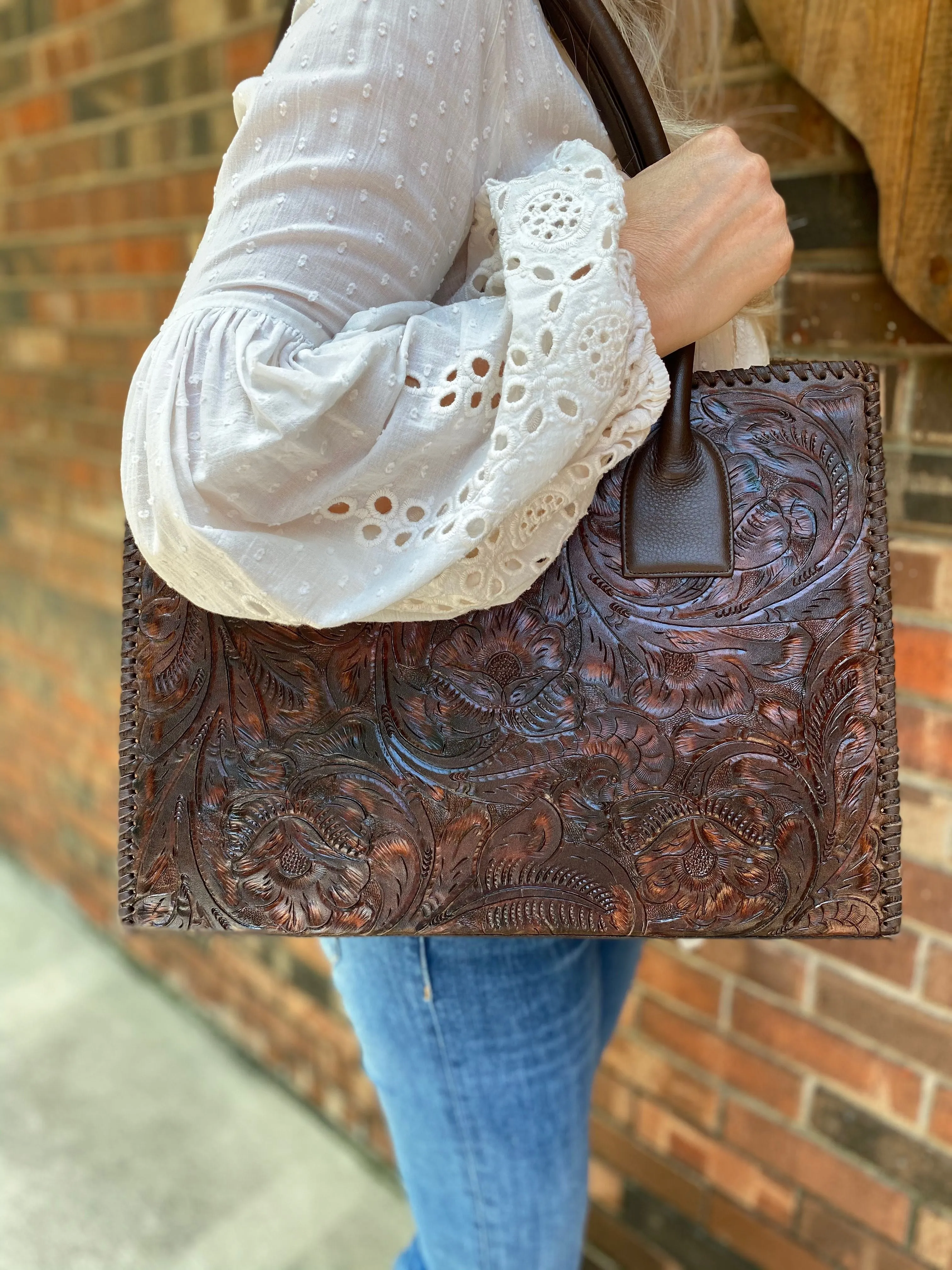 Juan Antonio Classic Brown Tooled Tote (6-8 Week Production)