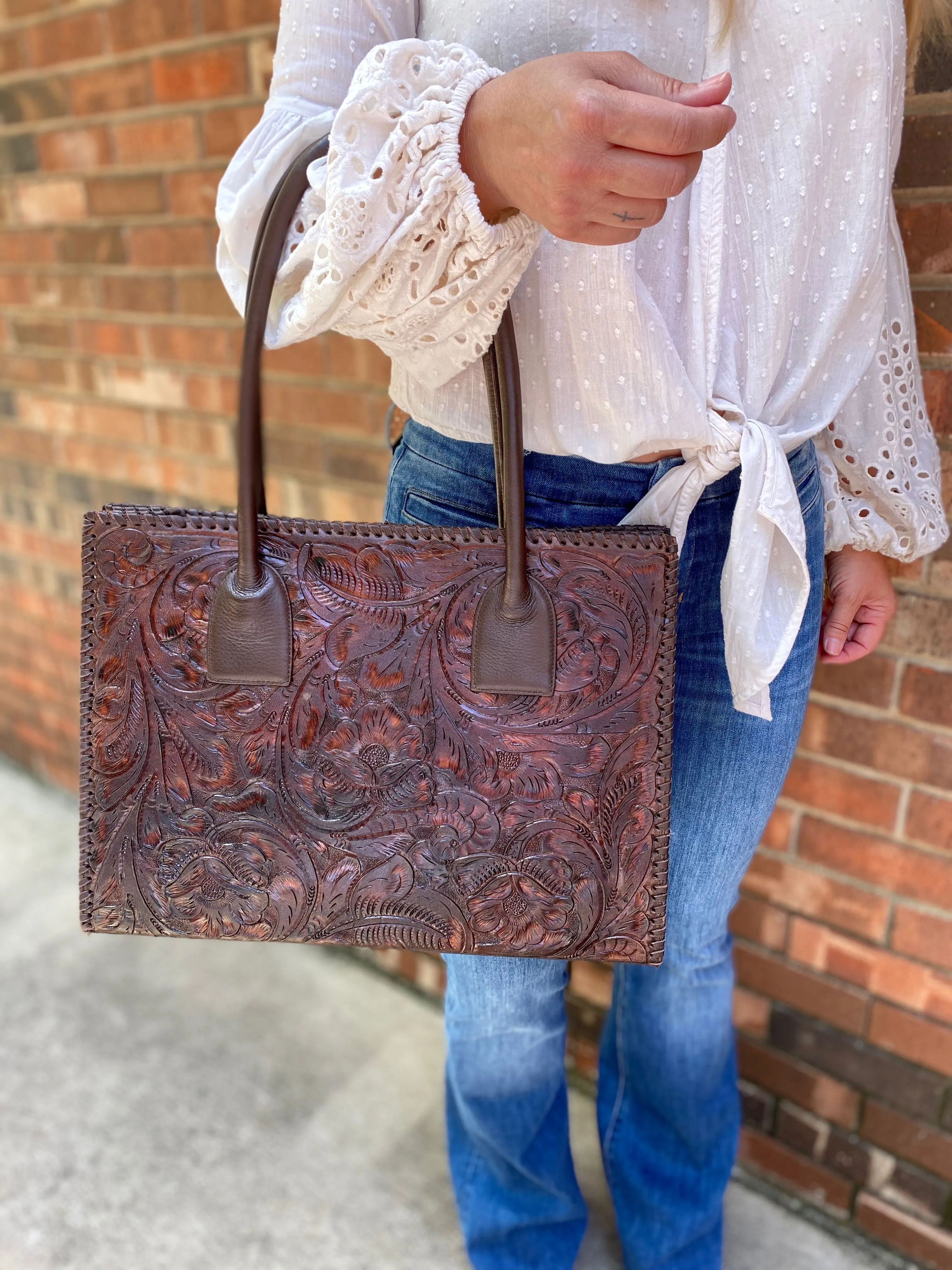 Juan Antonio Classic Brown Tooled Tote (6-8 Week Production)