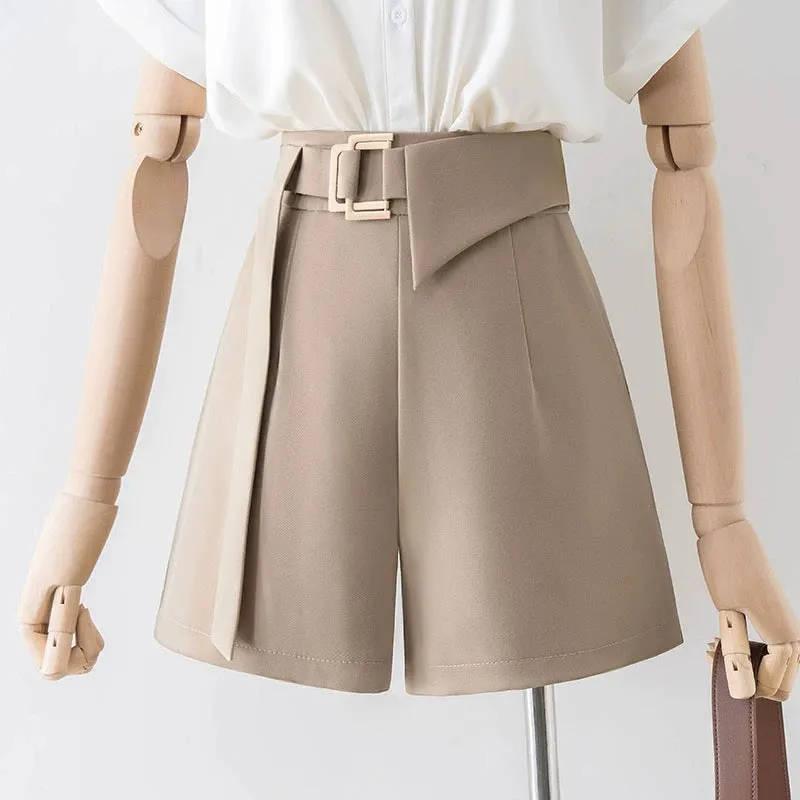 Khaki shorts summer women's thin 2022 new high-waisted casual a-line wide-leg pants for small people, loose and slim