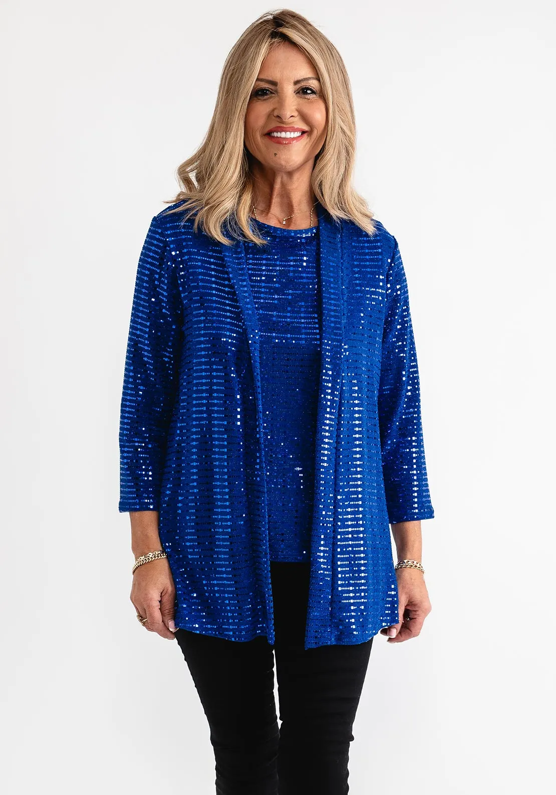 Leon Collection Glitter Cropped Sleeve Jacket, Blue