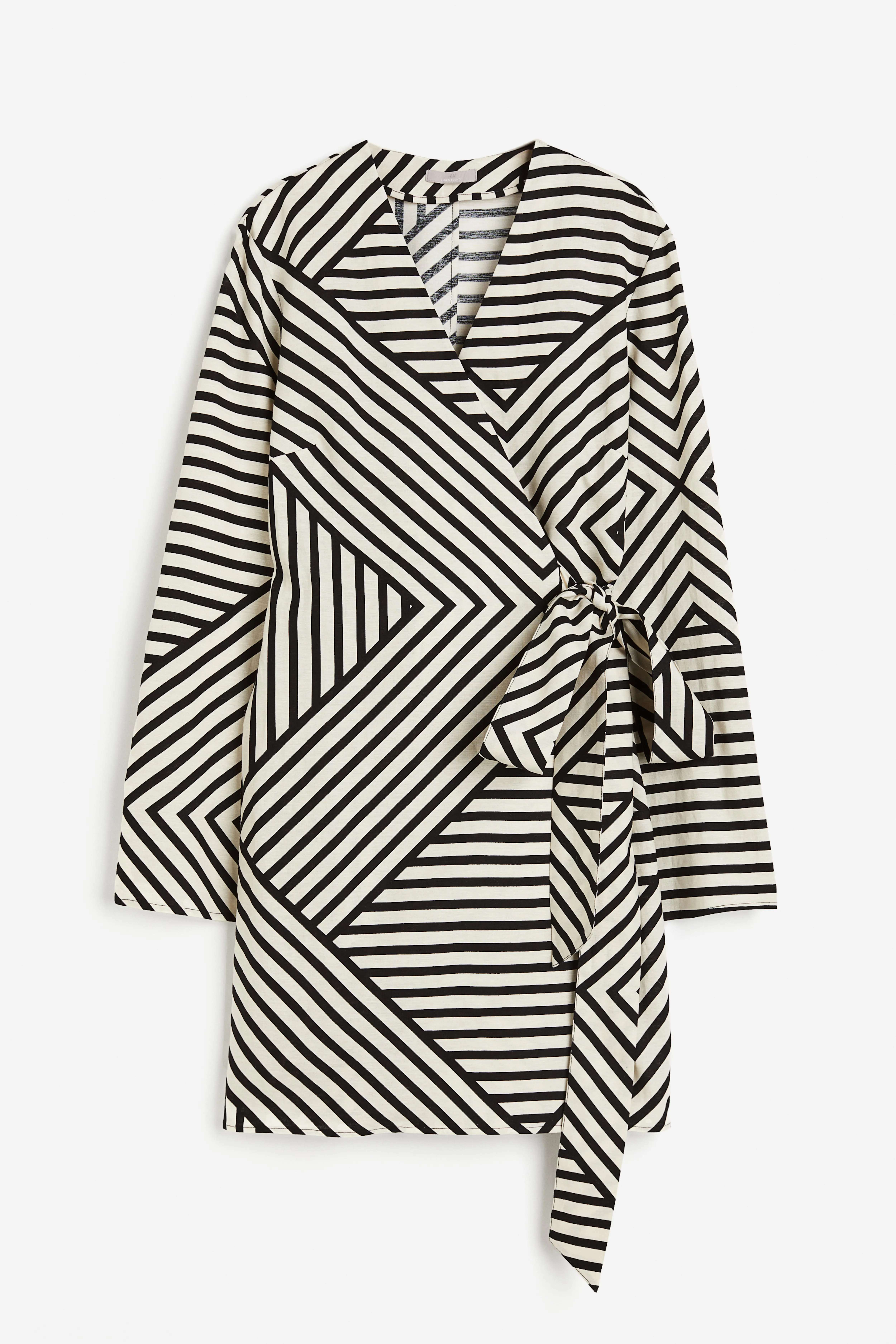 Linen-blend wrap dress - V-neck - Long sleeve - Cream/Geometric pattern - Ladies | H&M GB