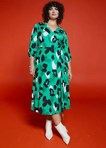 Love Mark Heyes Green Animal Soft Touch Midi Wrap Dress | Grattan