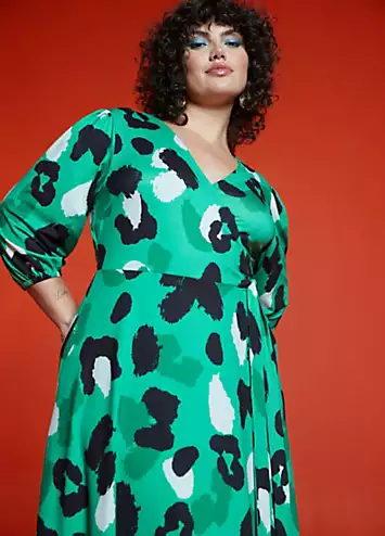 Love Mark Heyes Green Animal Soft Touch Midi Wrap Dress | Grattan