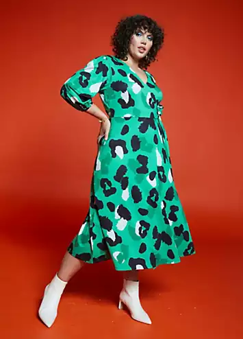 Love Mark Heyes Green Animal Soft Touch Midi Wrap Dress | Grattan