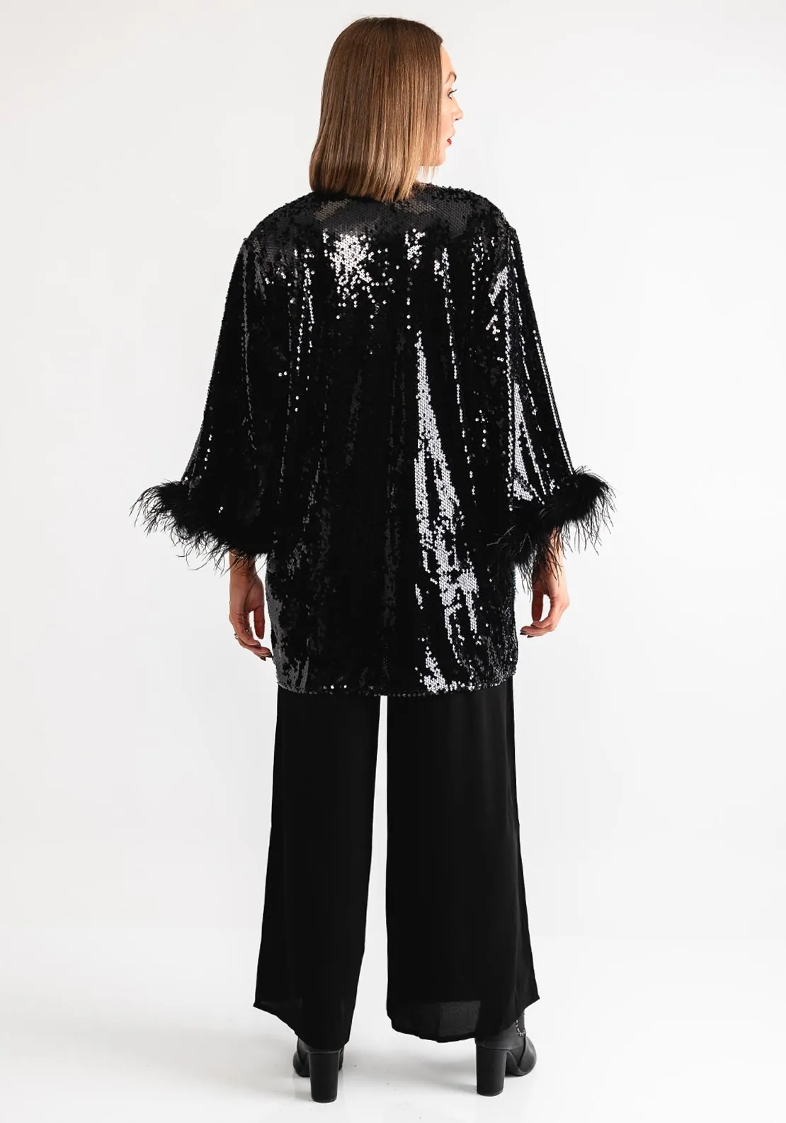 Malissa J Sequin Jacket with Feather Cuffs, Black