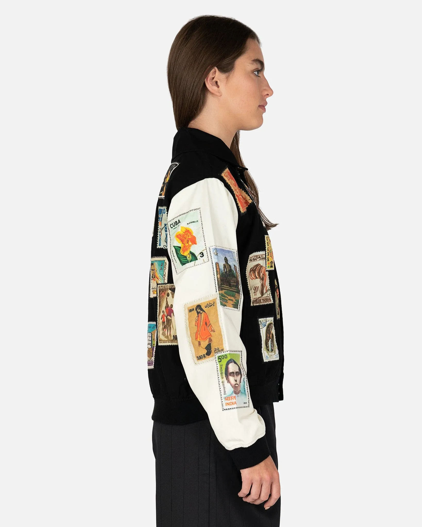 Melody Ehsani Keep Me Posted Twill Varsity Jacket in Black/Cream