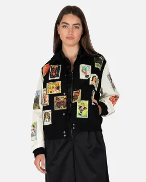 Melody Ehsani Keep Me Posted Twill Varsity Jacket in Black/Cream