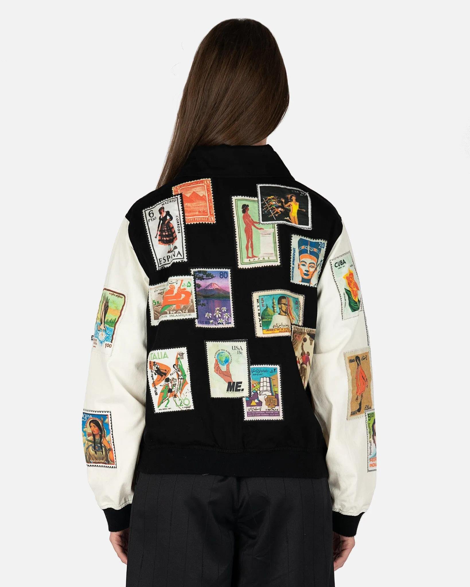 Melody Ehsani Keep Me Posted Twill Varsity Jacket in Black/Cream