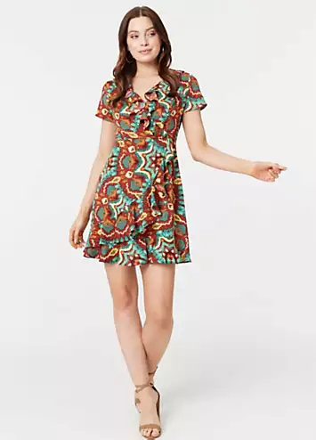 Multi Red Printed Ruffle Front Wrap Dress by Izabel London | Look Again