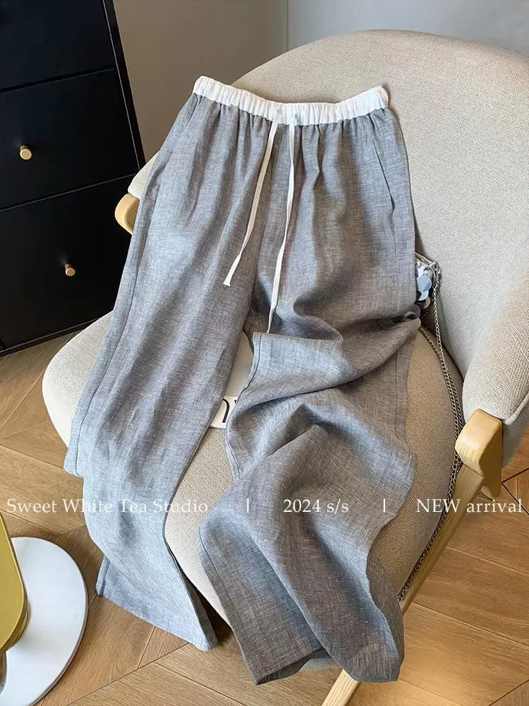 Nanyou’s high-end goods are on clearance and leaked! Gray and white spliced linen elastic waist drawstring casual pants for wome