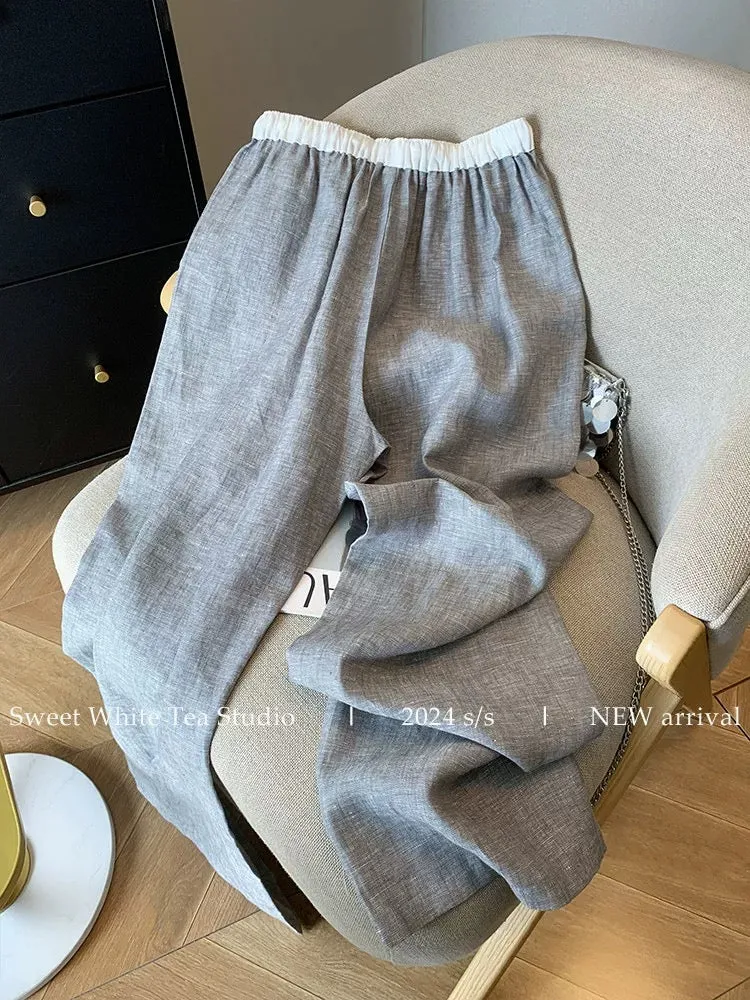 Nanyou’s high-end goods are on clearance and leaked! Gray and white spliced linen elastic waist drawstring casual pants for wome