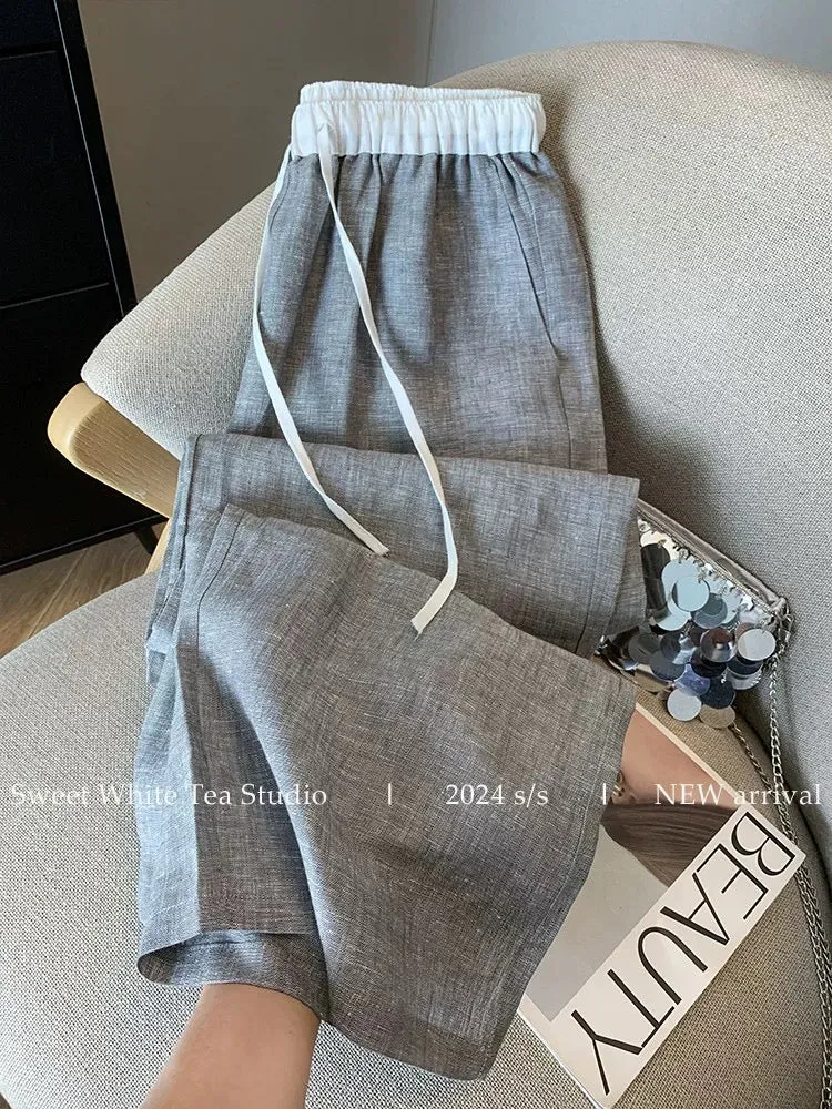 Nanyou’s high-end goods are on clearance and leaked! Gray and white spliced linen elastic waist drawstring casual pants for wome