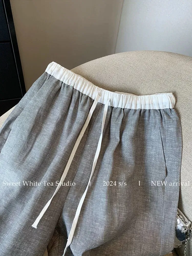 Nanyou’s high-end goods are on clearance and leaked! Gray and white spliced linen elastic waist drawstring casual pants for wome