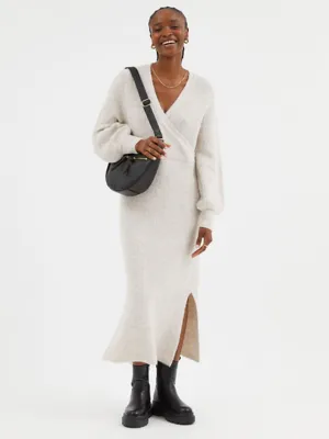 Neutral Knitted Wrap Midi Dress | Women | George at ASDA