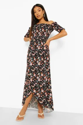 Petite Ditsy Shirred Wrap Front Maxi Dress