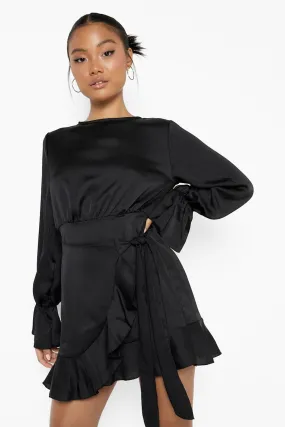 Petite Satin Wrap Ruffle Detail Dress