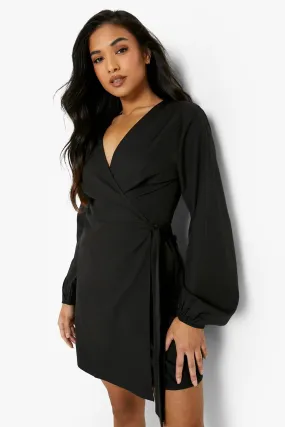 Petite Woven Puff Sleeve Belted Wrap Dress