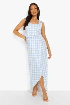 Petite Wrap Front Gingham Print Maxi Dress