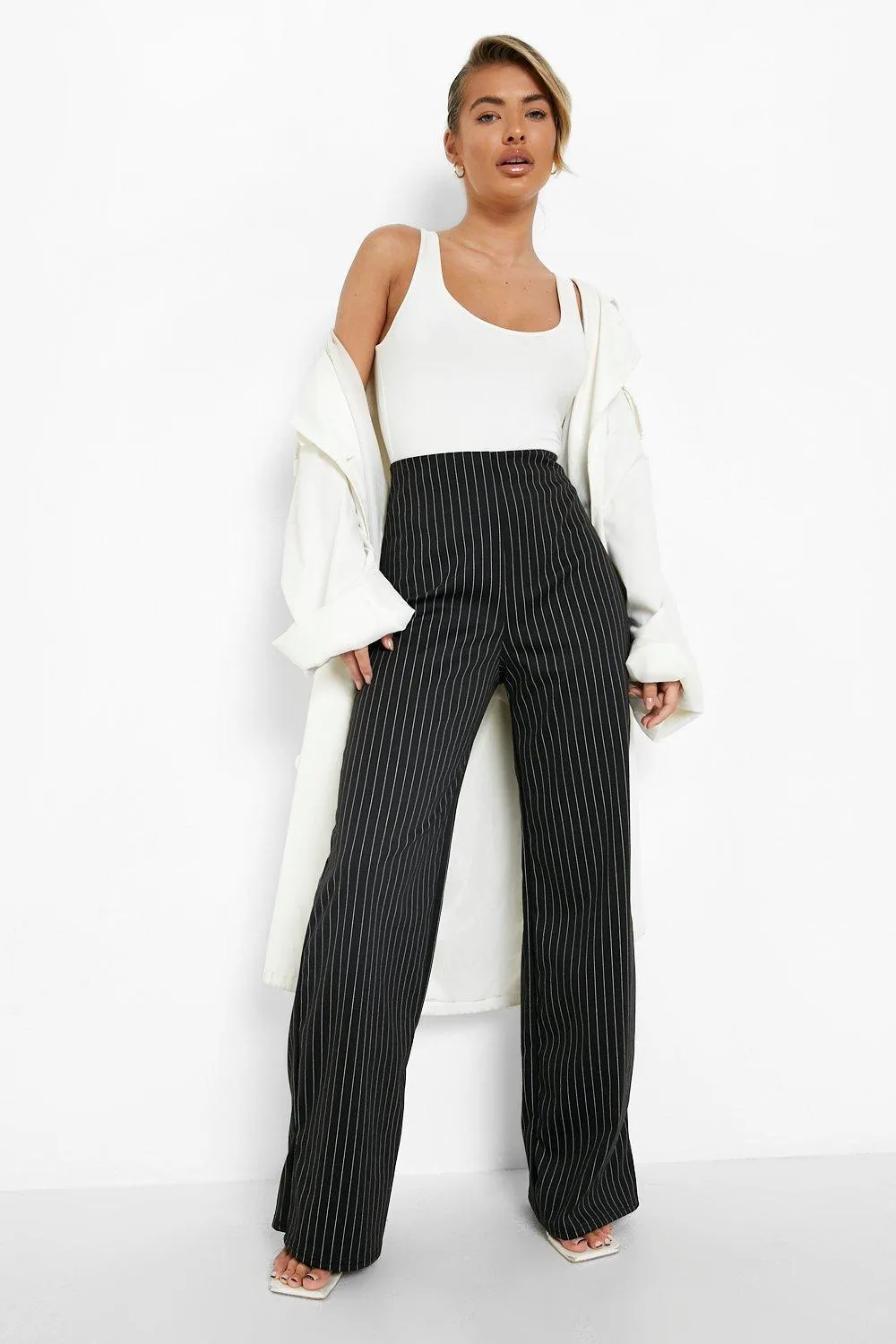 Pinstripe Straight Leg Split Hem Pants