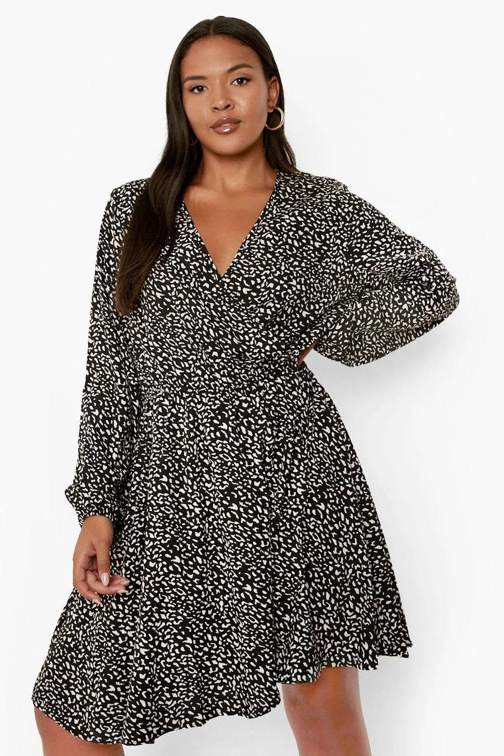 Plus Animal Wrap Front Long Sleeve Dress