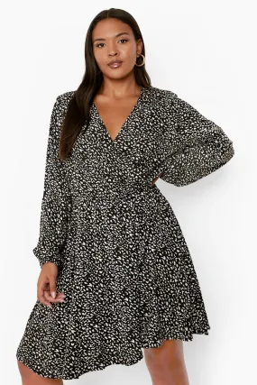 Plus Animal Wrap Front Long Sleeve Dress