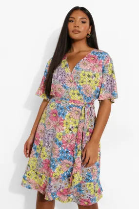 Plus Daisy Print Wrap Ruffle Tea Dress