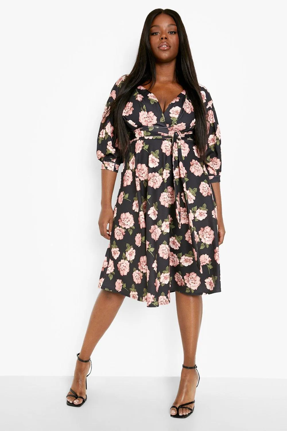 Plus Floral Off Shoulder Wrap Midi Dress