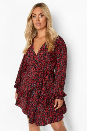 Plus Floral Raffle Wrap Skater Dress