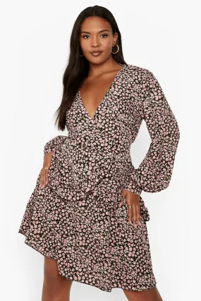 Plus Floral Ruffle Wrap Skater Dress