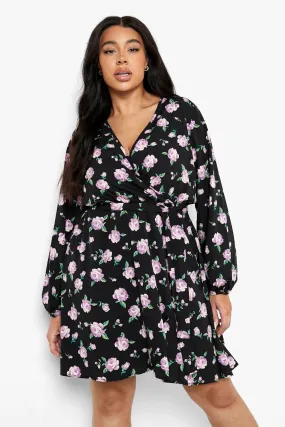 Plus Floral Wrap Front Long Sleeve Dress