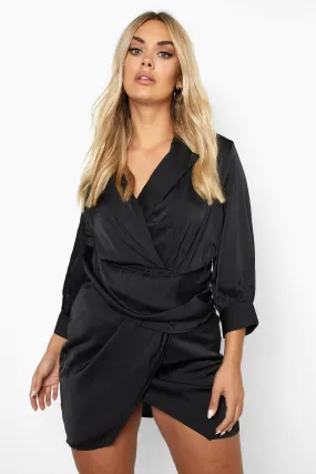 Plus Hammered Satin Wrap Shirt Dress