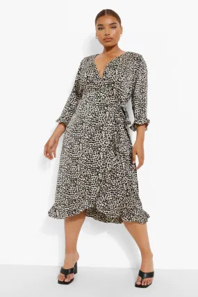 Plus Leopard Ruffle Wrap Midi Dress