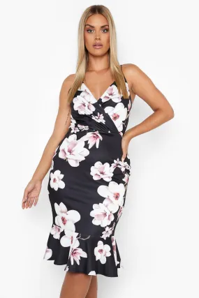 Plus Occasion Floral Wrap Peplum Midi Dress