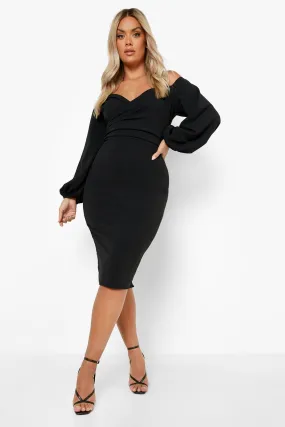 Plus Off Shoulder Wrap Bodice Midi Dress