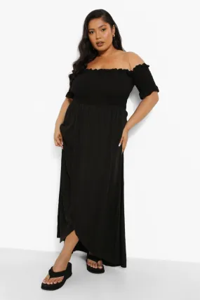 Plus Off The Shoulder Shirred Wrap Maxi Dress