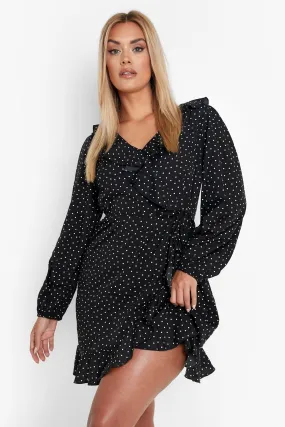 Plus Polka Dot Long Sleeve Wrap Dress