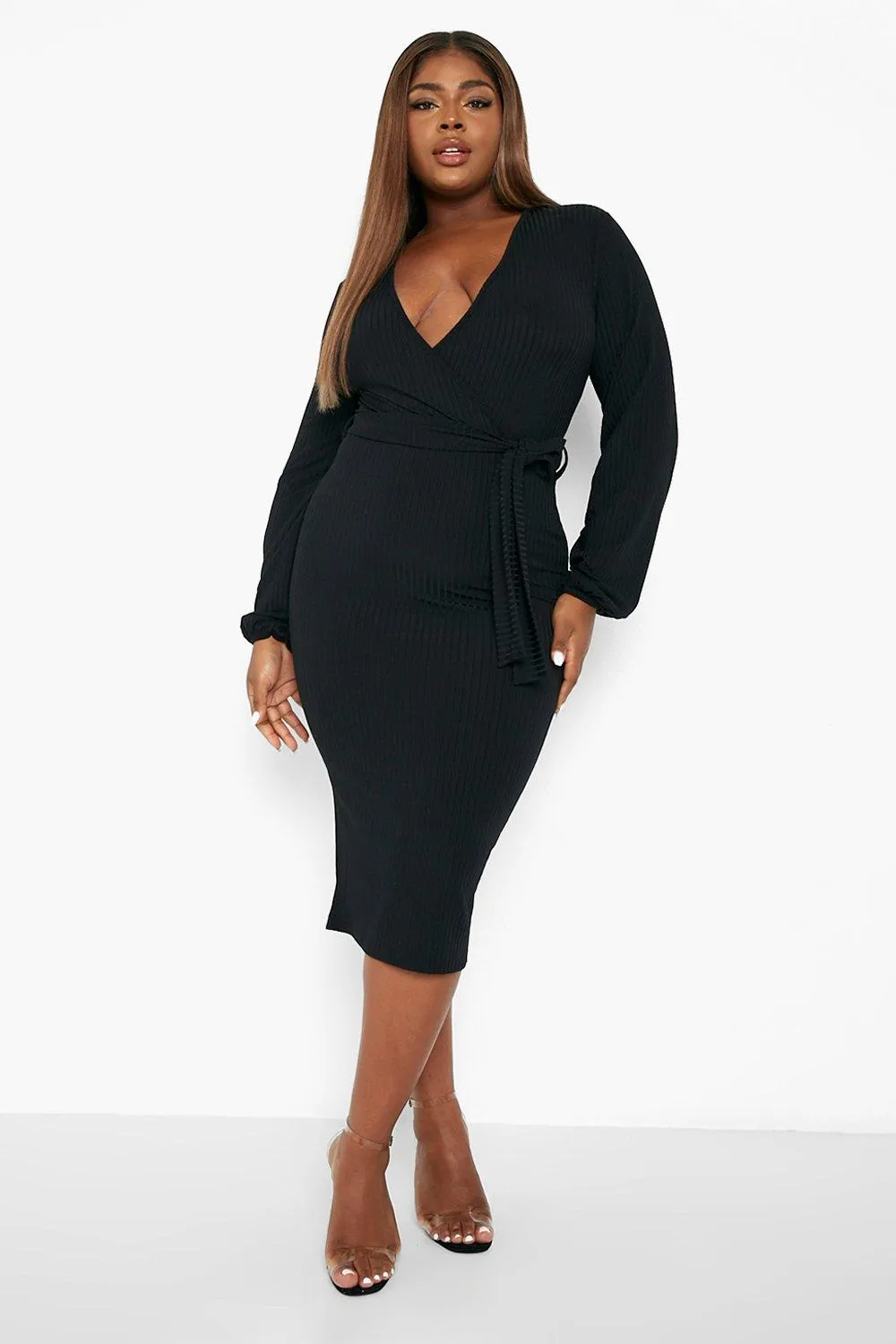 Plus Rib Wrap Belted Midi Dress