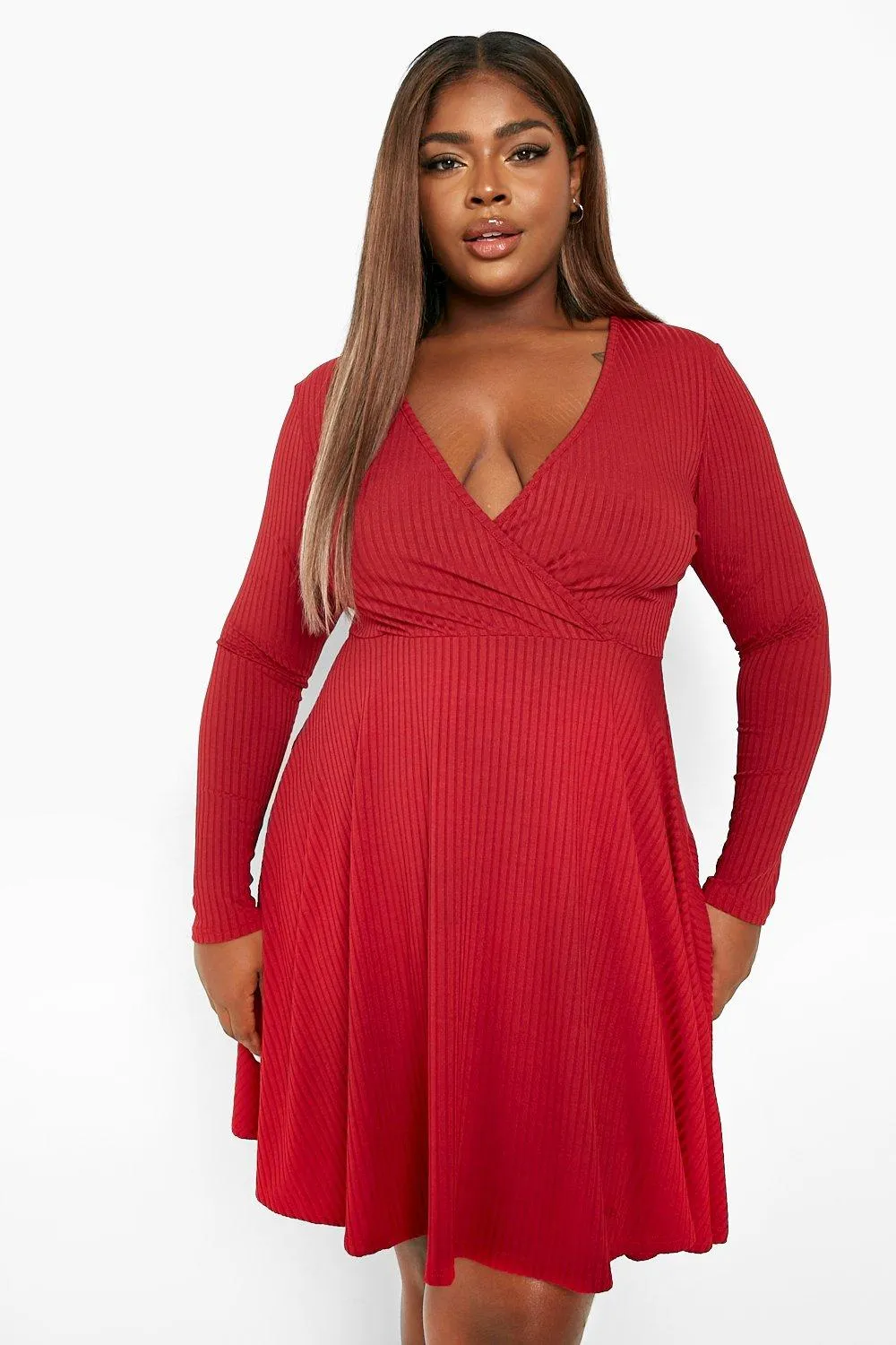 Plus Rib Wrap Long Sleeve Skater Dress