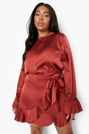 Plus Ruffle Satin Wrap Dress