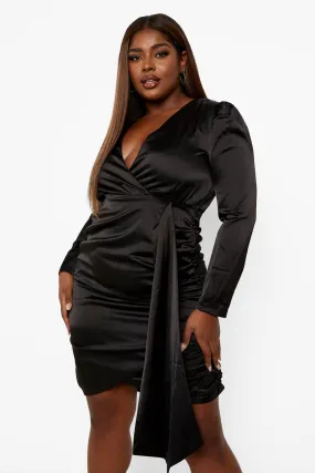 Plus Satin Wrap Drape Ruched Dress