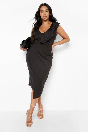 Plus Scuba Ruffle Shoulder Wrap Midi Dress