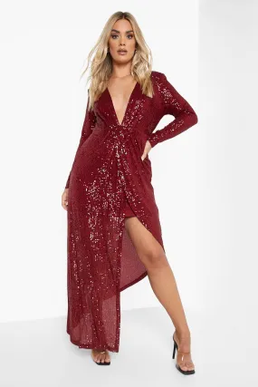 Plus Sequin Wrap Plunge Maxi Dress