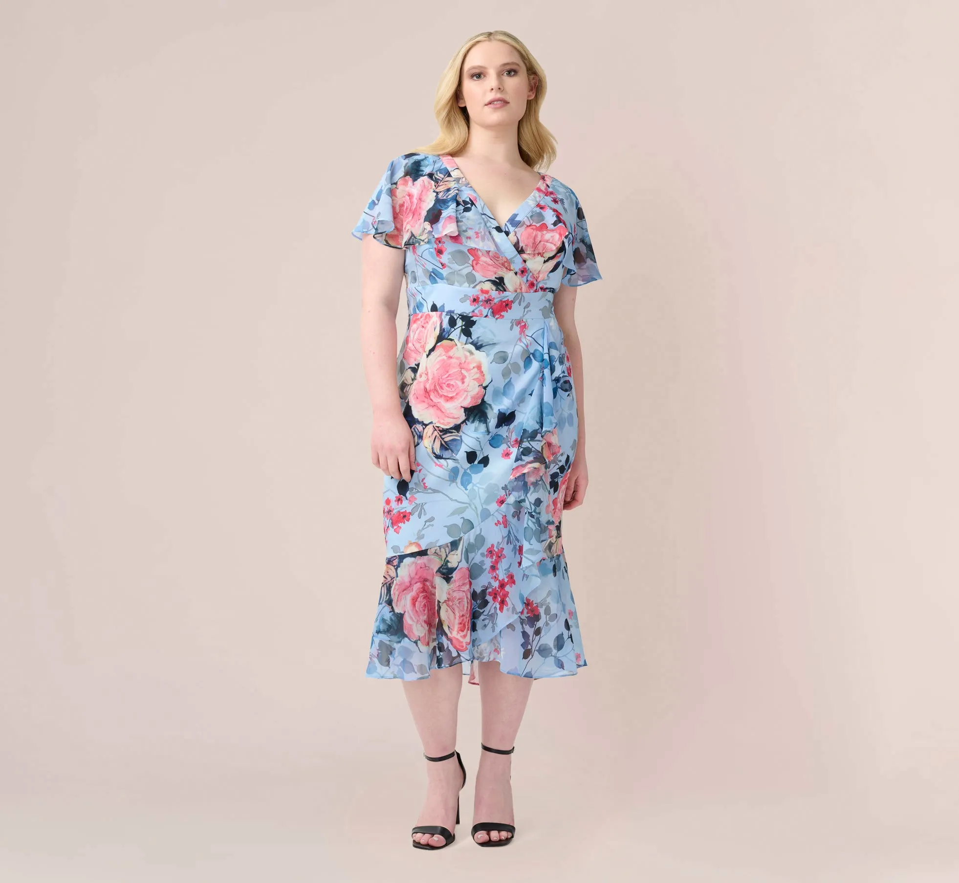 Plus Size Floral Faux Wrap Dress In Blue Multi